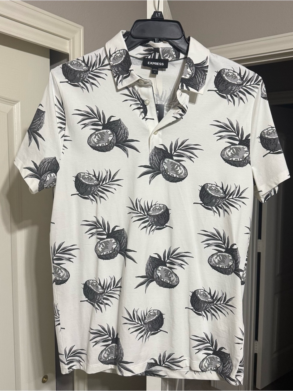 Express Men's White Polo with Charcoal Coconut Print